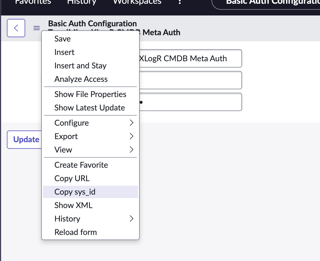 The ServiceNow context menu for copying the basic authentication profile sys ID