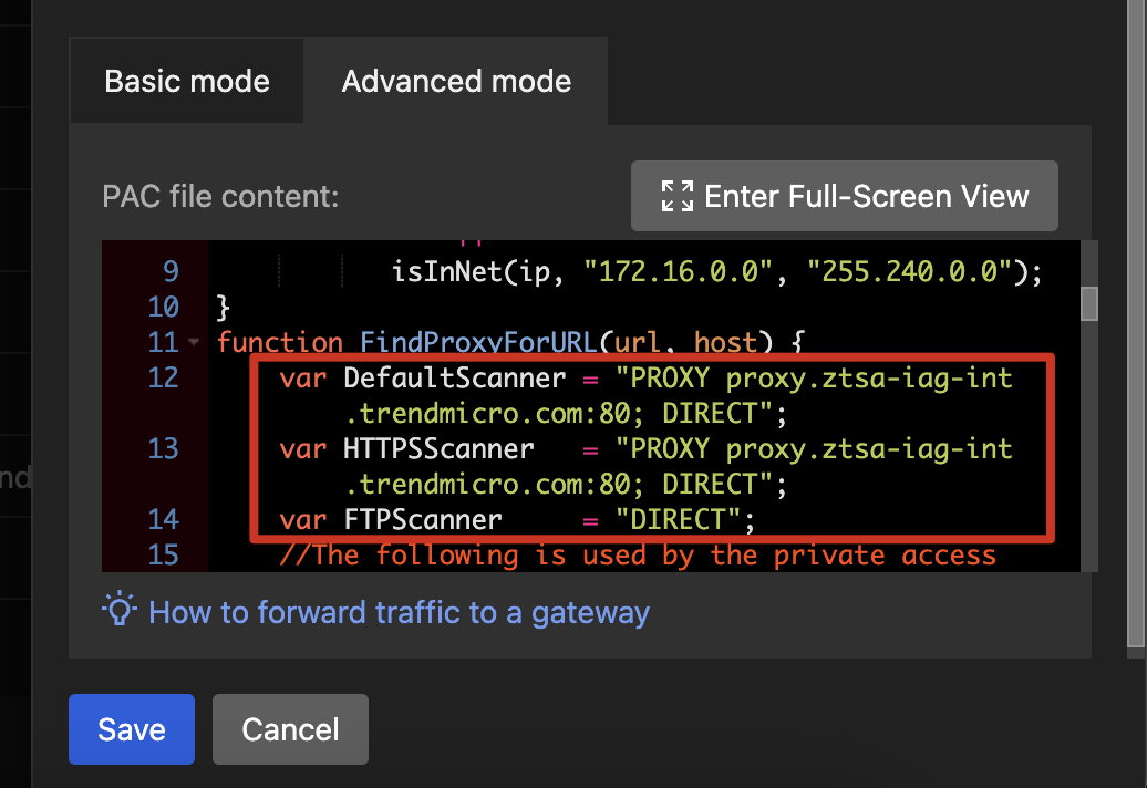 PAC file content - Advanced mode